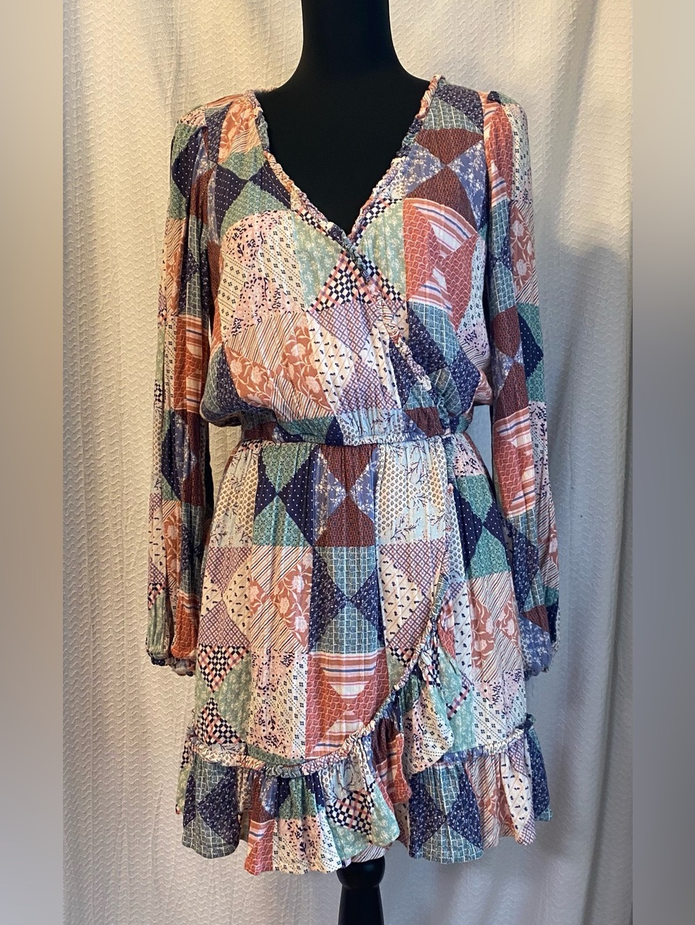 American Eagle Patchwork Print Long-Sleeve mini dress